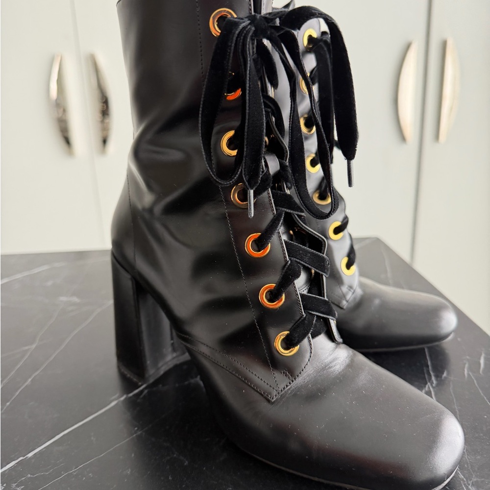 Prada Black Lace-Up Boots with Gold Eyelets
